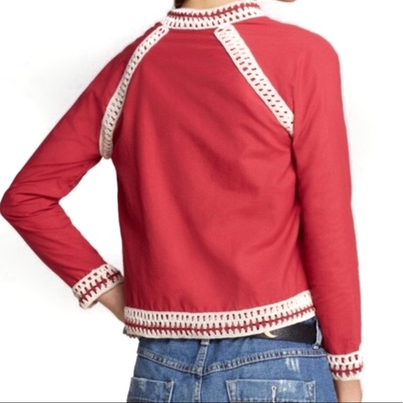 Free People Cherry Red Crochet Bomber Jacket - Picture 7 of 8